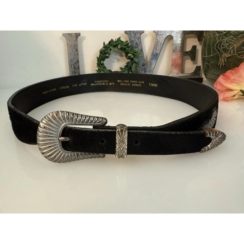 Liz Claiborne Genuine‎ Suede Leather Snake Trim Belt Women's Small Black 26-29